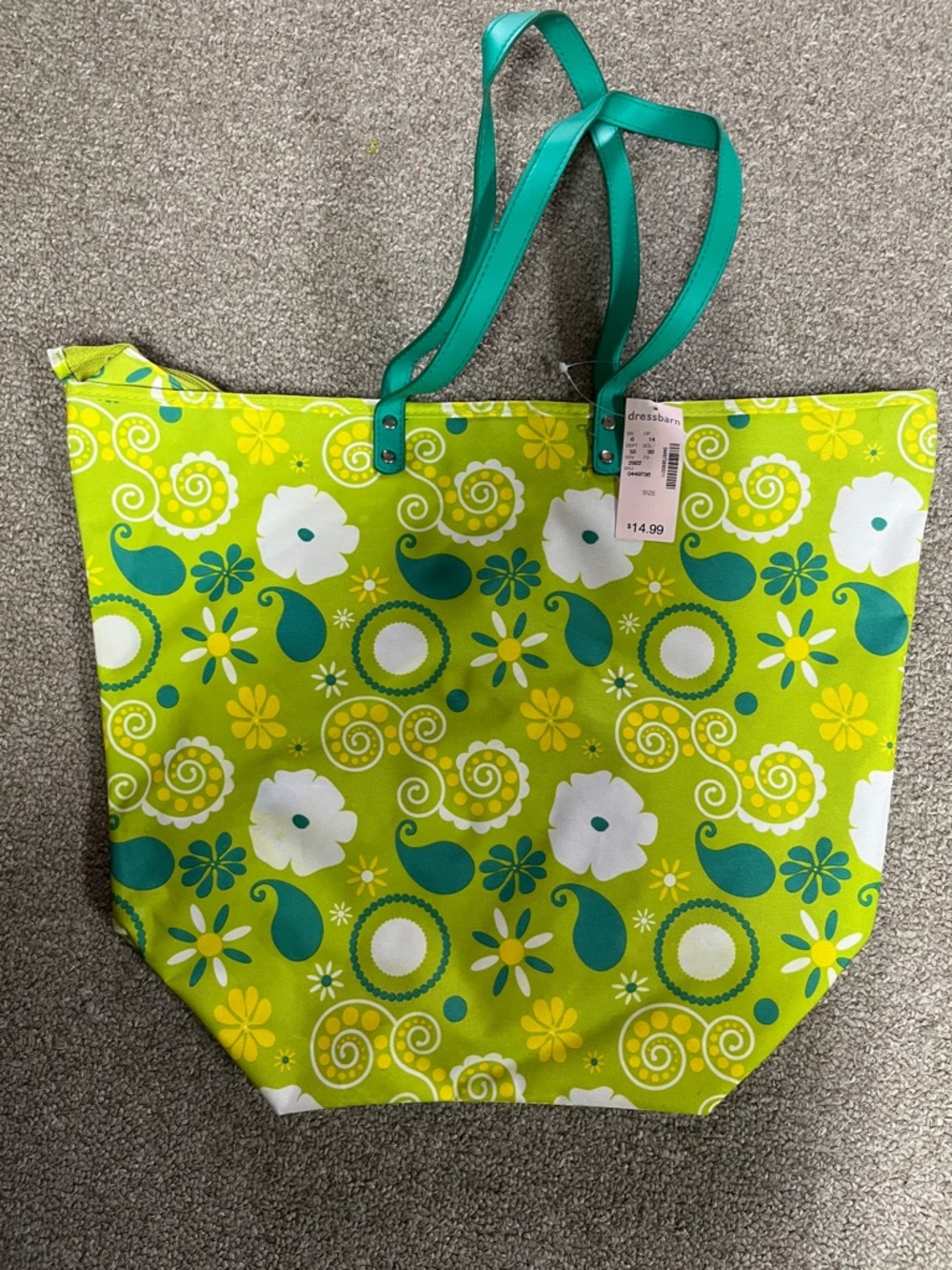 dressbarn Lime Green Floral Paisley Tote with Teal Handles